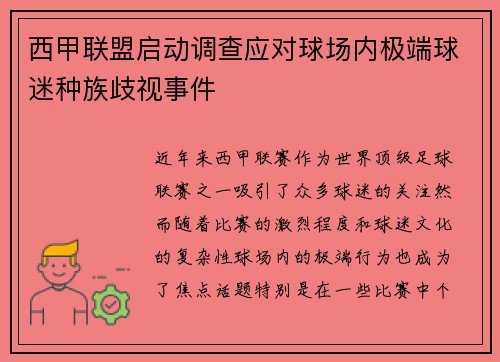 西甲联盟启动调查应对球场内极端球迷种族歧视事件